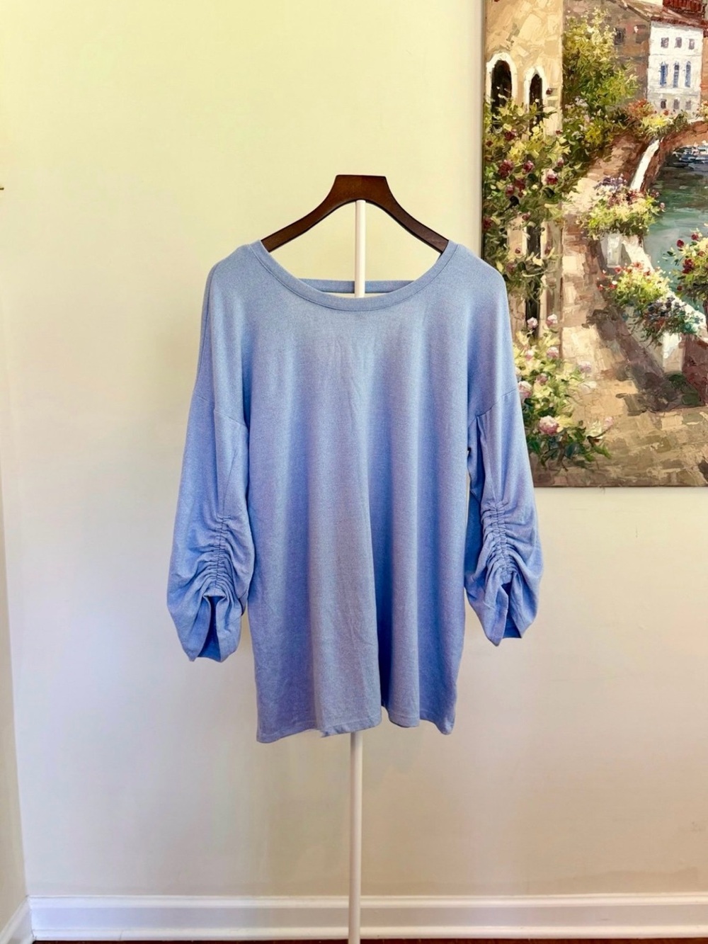 NWT Como Blu Light Blue Ruched Sleeve Knit Top XL Lightweight Soft